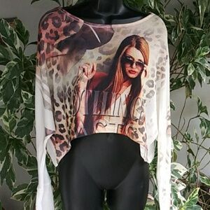 Cleo Animal & Girl Print Crop Oversized Top Sz S